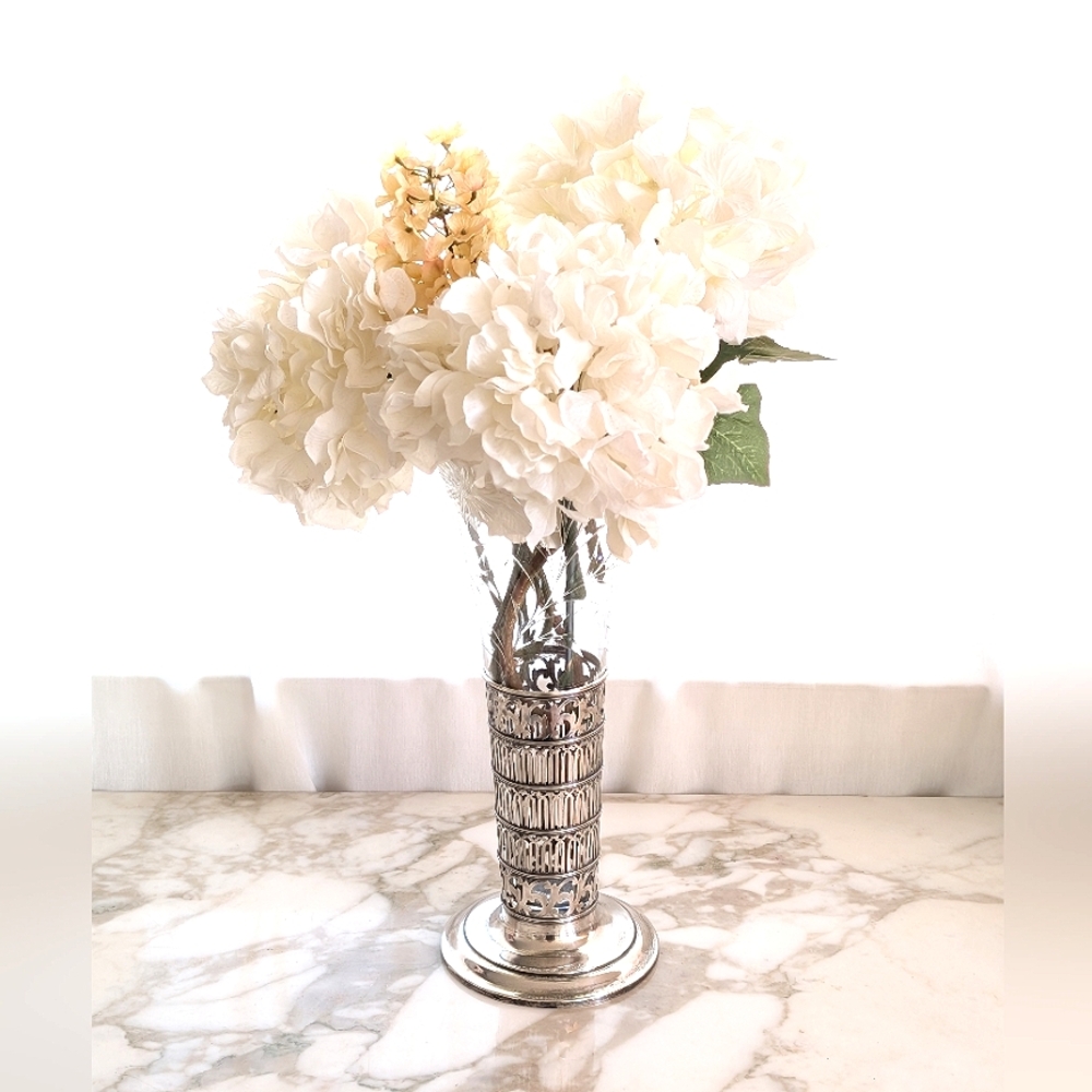 Antique 1910s Wilcox and Wagoner New York Sterling Silver Stand Cut Glass Vase
